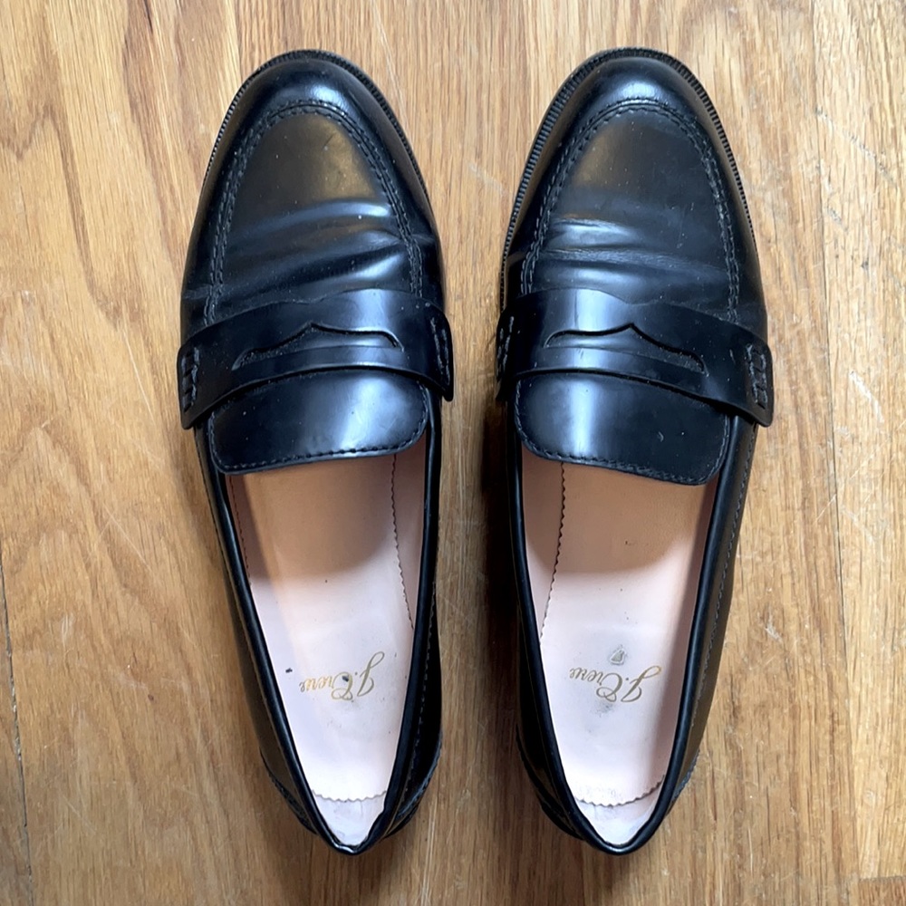 GENTLY WORN JCrew black penny loafers.